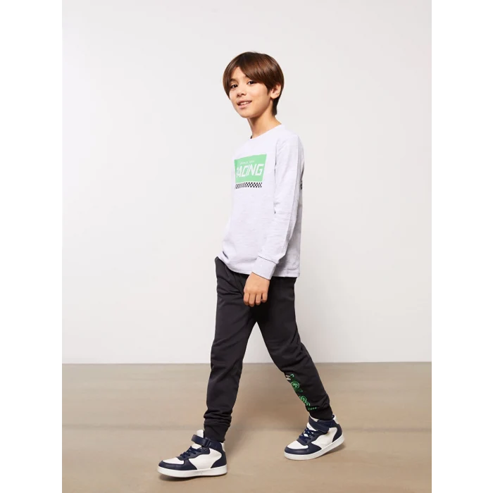 LCW Kids Gri Bisiklet Yaka Baskılı Uzun Kollu Erkek Çocuk Sweatshirt ve Eşofman Altı