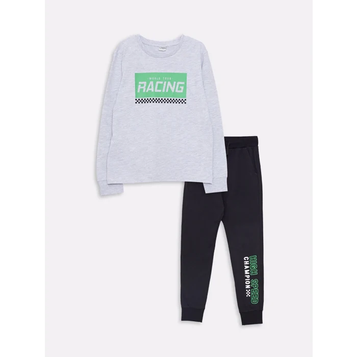 LCW Kids Gri Bisiklet Yaka Baskılı Uzun Kollu Erkek Çocuk Sweatshirt ve Eşofman Altı