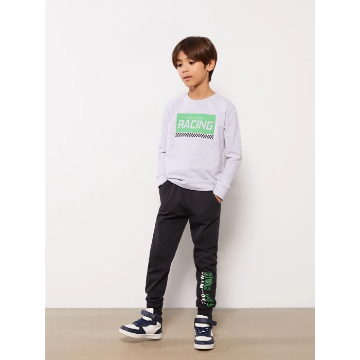 LCW Kids Gri Bisiklet Yaka Baskılı Uzun Kollu Erkek Çocuk Sweatshirt ve Eşofman Altı