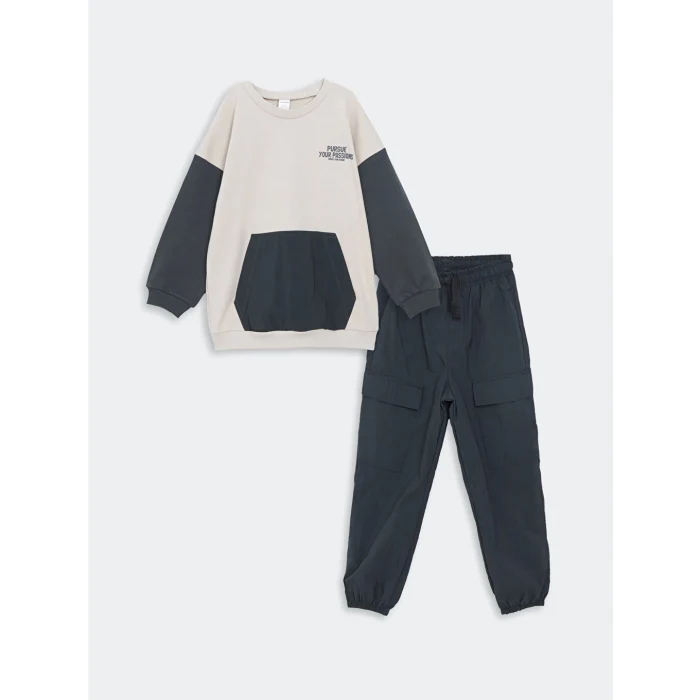 LCW Kids Gri Bisiklet Yaka Uzun Kollu Baskılı Erkek Bebek Sweatshirt ve Eşofman Alt 2li Takım