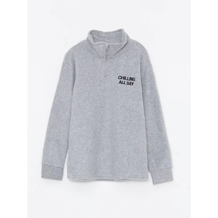 LCW Kids Gri Dik Yaka Nakışlı Uzun Kollu Polar Erkek Çocuk Sweatshirt