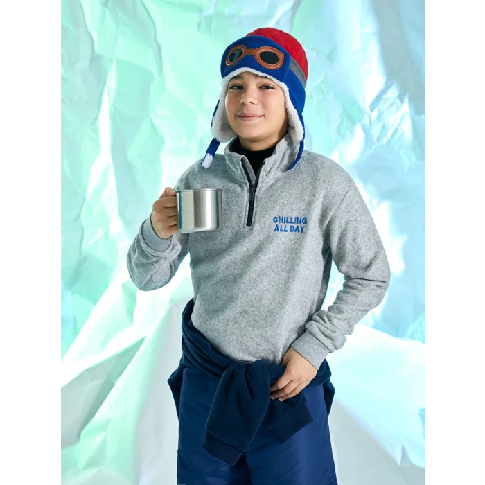 LCW Kids Gri Dik Yaka Nakışlı Uzun Kollu Polar Erkek Çocuk Sweatshirt