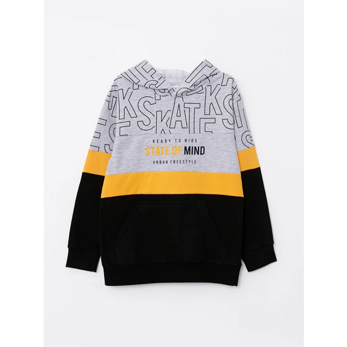 LCW Kids Gri Kapüşonlu Baskılı Uzun Kollu Erkek Çocuk Sweatshirt