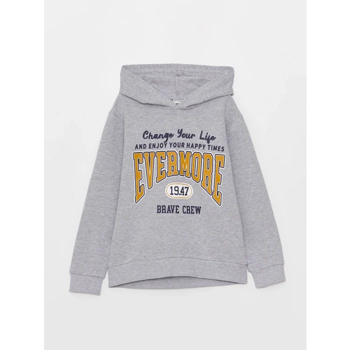 LCW Kids Gri Kapüşonlu Baskılı Uzun Kollu Erkek Çocuk Sweatshirt