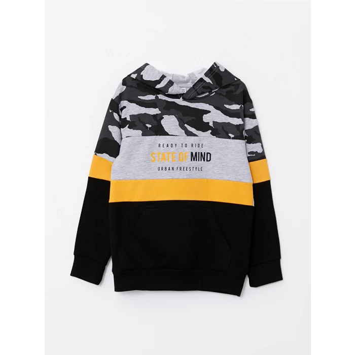 LCW Kids Gri Kapüşonlu Baskılı Uzun Kollu Erkek Çocuk Sweatshirt