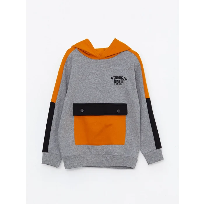 LCW Kids Gri Kapüşonlu Baskılı Uzun Kollu Erkek Çocuk Sweatshirt