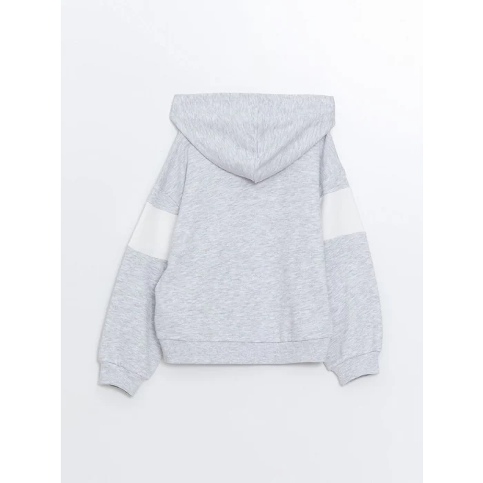 LCW Kids Gri Kapüşonlu Baskılı Uzun Kollu Kız Çocuk Fermuarlı Sweatshirt