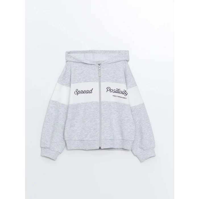 LCW Kids Gri Kapüşonlu Baskılı Uzun Kollu Kız Çocuk Fermuarlı Sweatshirt