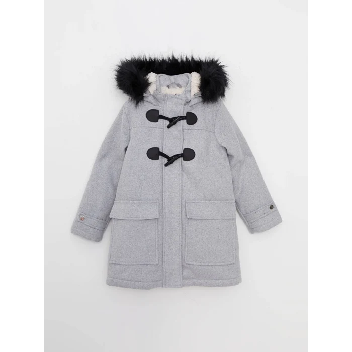 LCW Kids Gri Kapüşonlu Kız Çocuk Kaşe Kaban