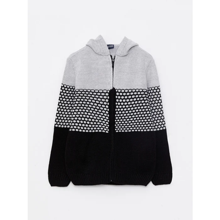 LCW Kids Gri Kapüşonlu Renk Bloklu Uzun Kollu Erkek Çocuk Triko Hırka