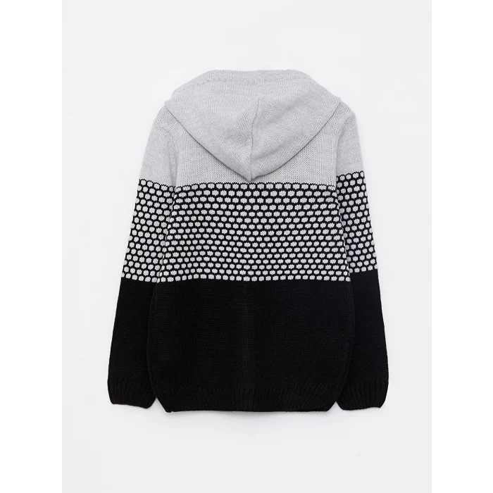 LCW Kids Gri Kapüşonlu Renk Bloklu Uzun Kollu Erkek Çocuk Triko Hırka