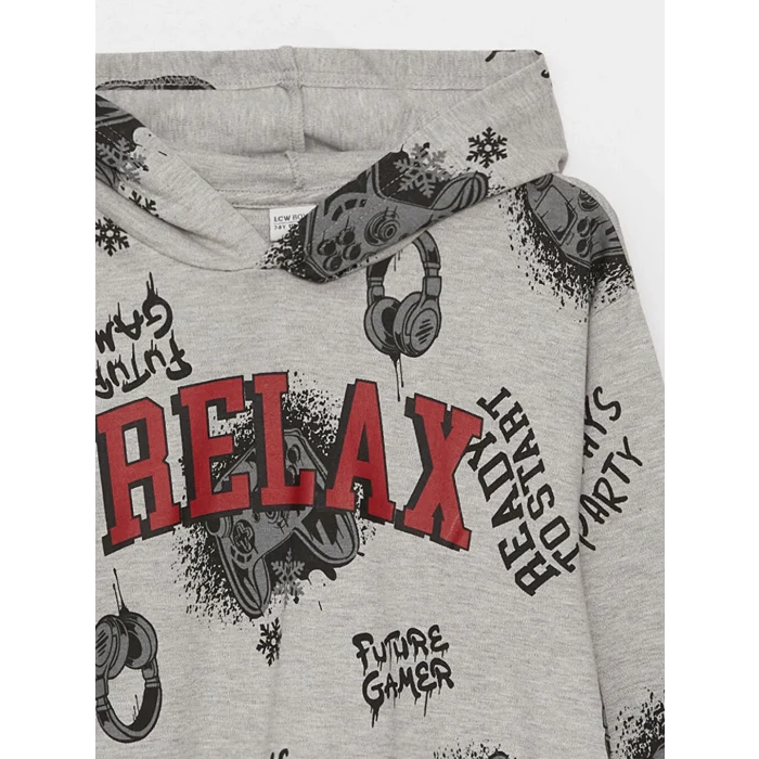 LCW Kids Gri Rahat Kalıp Kapüşonlu Baskılı Erkek Çocuk Tişört