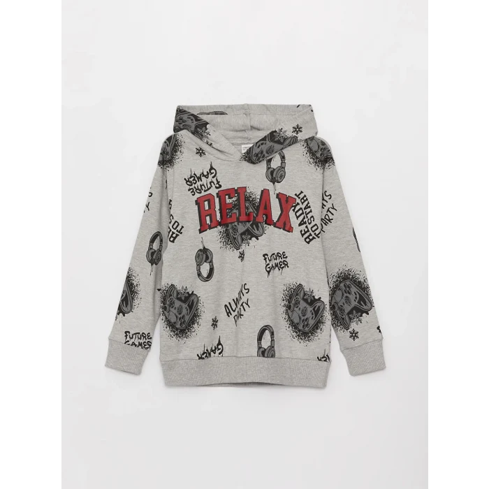 LCW Kids Gri Rahat Kalıp Kapüşonlu Baskılı Erkek Çocuk Tişört