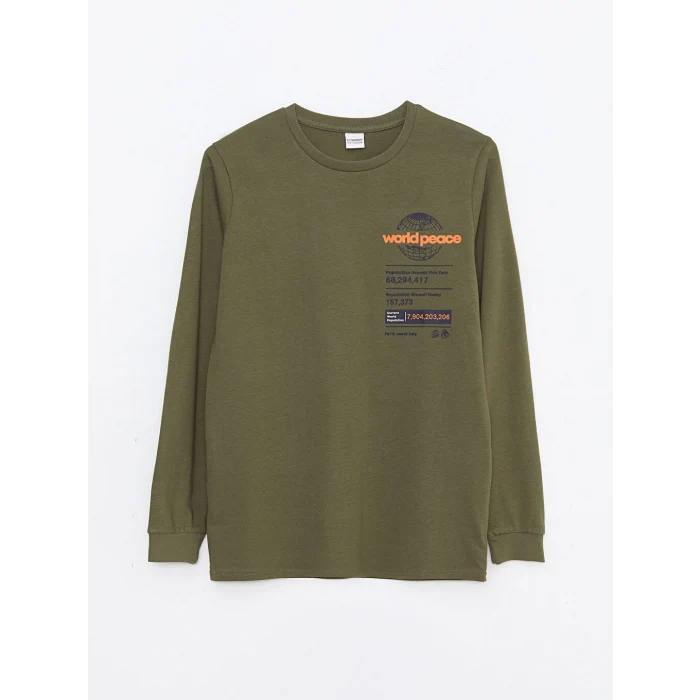 LCW Kids Haki Bisiklet Yaka Baskılı Uzun Kollu Erkek Çocuk Tişört