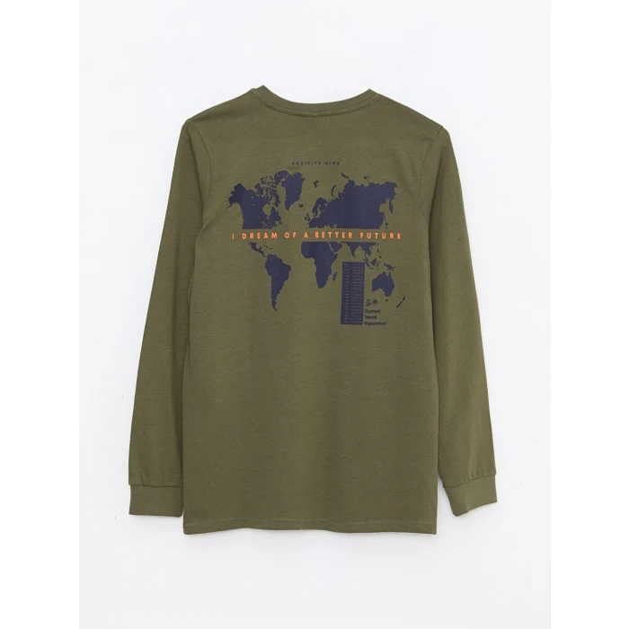 LCW Kids Haki Bisiklet Yaka Baskılı Uzun Kollu Erkek Çocuk Tişört