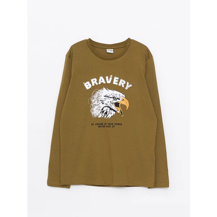 LCW Kids Haki Bisiklet Yaka Baskılı Uzun Kollu Pamuklu Erkek Çocuk Tişört