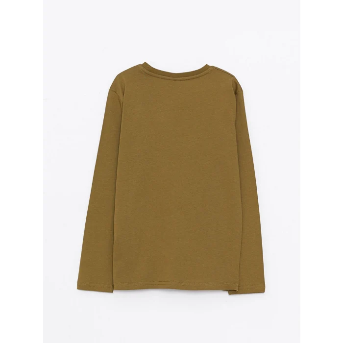 LCW Kids Haki Bisiklet Yaka Baskılı Uzun Kollu Pamuklu Erkek Çocuk Tişört