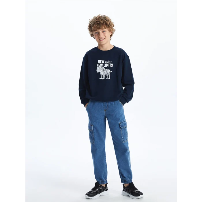 LCW Kids İndigo Beli Lastikli Erkek Çocuk Kargo Jean Pantolon