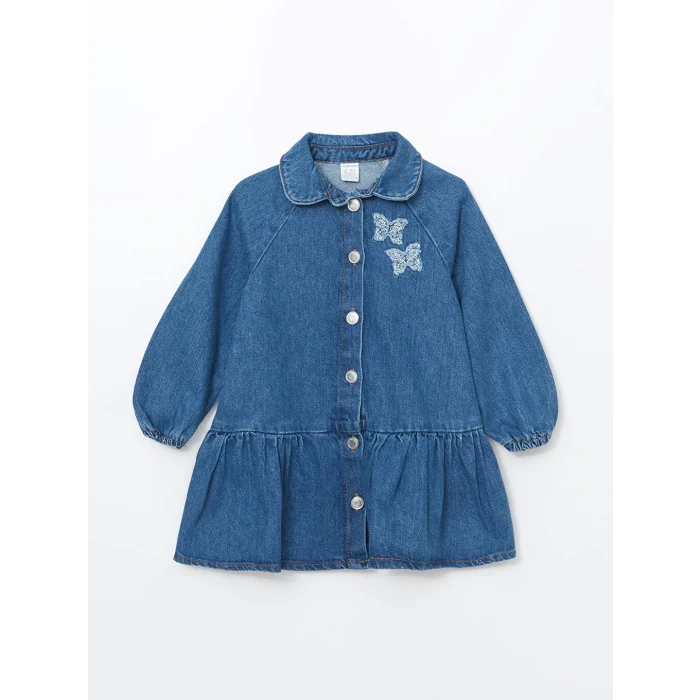 LCW Kids İndigo Uzun Kollu Nakışlı Kız Bebek Jean Elbise