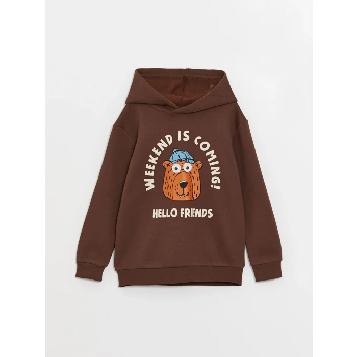 LCW Kids Kahverengi Baskılı Uzun Kollu Erkek Çocuk Hoodie