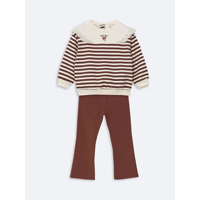 LCW Kids Kahverengi Bisiklet Yaka Çizgili Kız Çocuk Sweatshirt ve Tayt 2li Takım