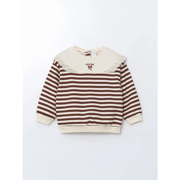 LCW Kids Kahverengi Bisiklet Yaka Çizgili Kız Çocuk Sweatshirt ve Tayt 2li Takım