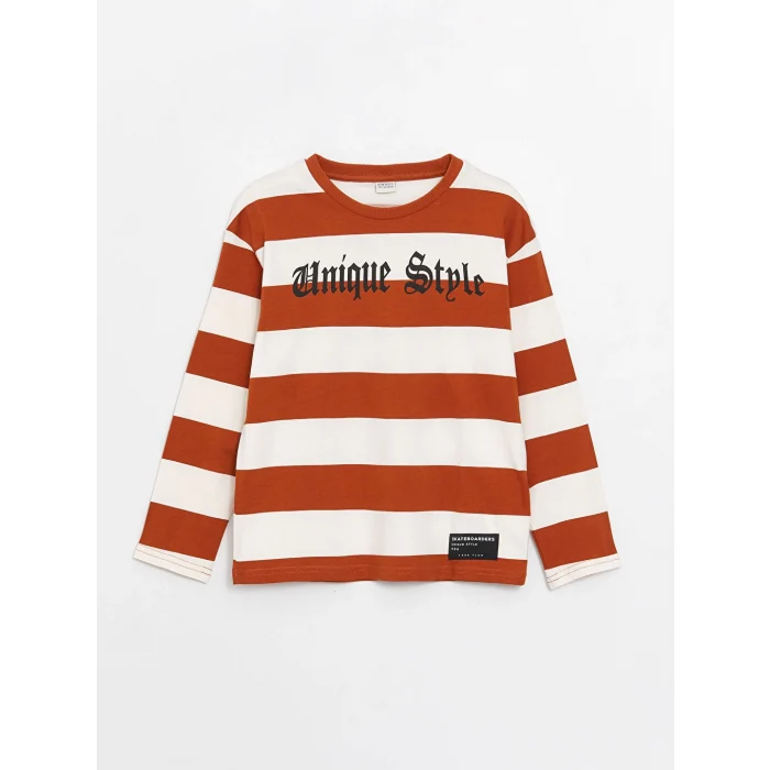 LCW Kids Kahverengi Rahat Kalıp Bisiklet Yaka Çizgili Erkek Çocuk Tişört