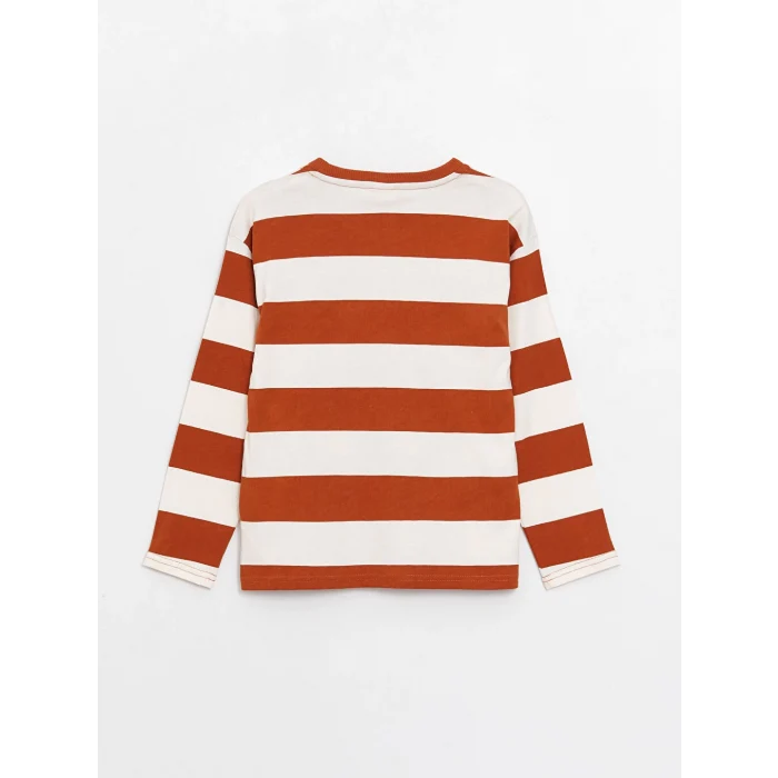 LCW Kids Kahverengi Rahat Kalıp Bisiklet Yaka Çizgili Erkek Çocuk Tişört