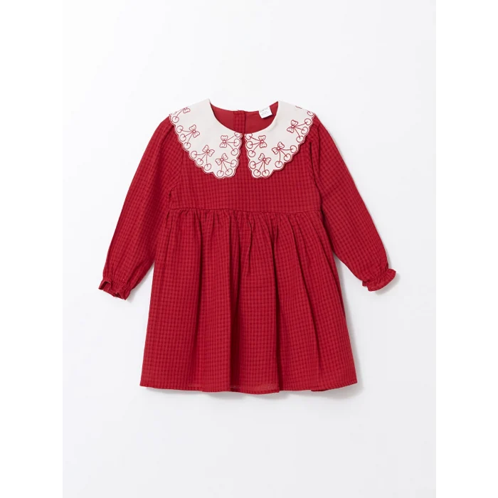 LCW Kids Kırmızı Bebe Yaka Nakışlı Kız Çocuk Elbise