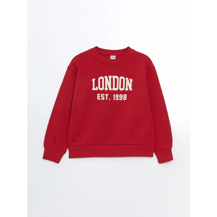 LCW Kids Kırmızı Bisiklet Yaka London Baskılı Kız Çocuk Sweatshirt
