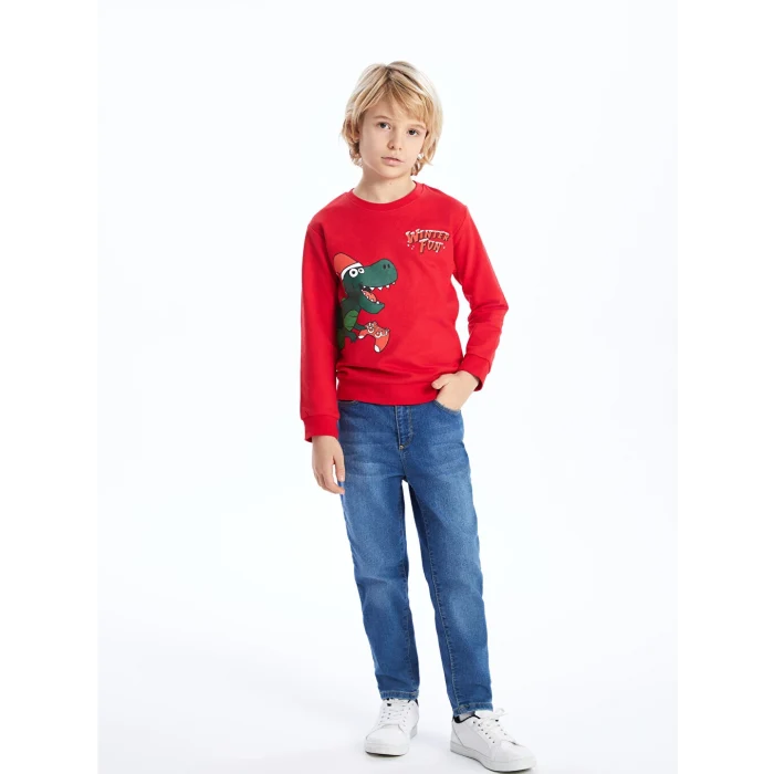 LCW Kids Kırmızı Bisiklet Yaka Yılbaşı Temalı Uzun Kollu Erkek Çocuk Sweatshirt