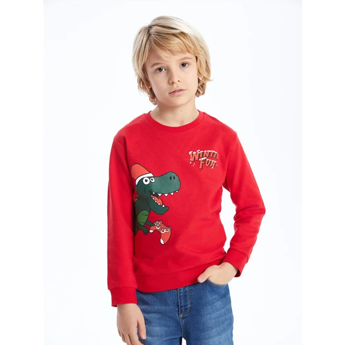 LCW Kids Kırmızı Bisiklet Yaka Yılbaşı Temalı Uzun Kollu Erkek Çocuk Sweatshirt