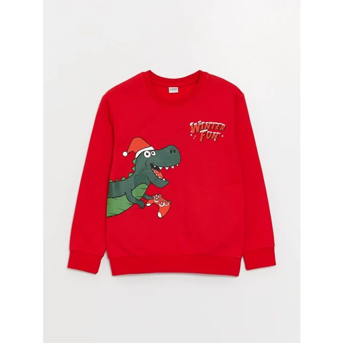 LCW Kids Kırmızı Bisiklet Yaka Yılbaşı Temalı Uzun Kollu Erkek Çocuk Sweatshirt