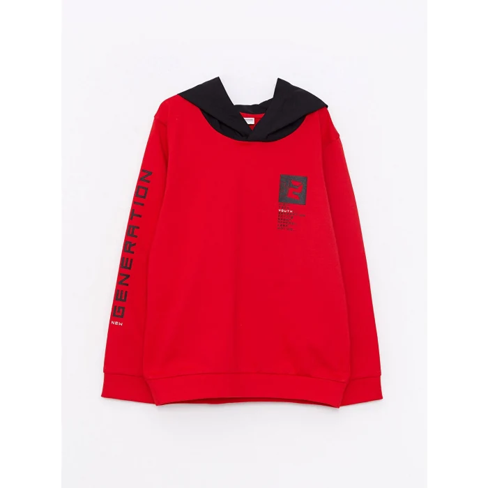 LCW Kids Kırmızı Kapüşonlu Baskılı Uzun Kollu Erkek Çocuk Sweatshirt