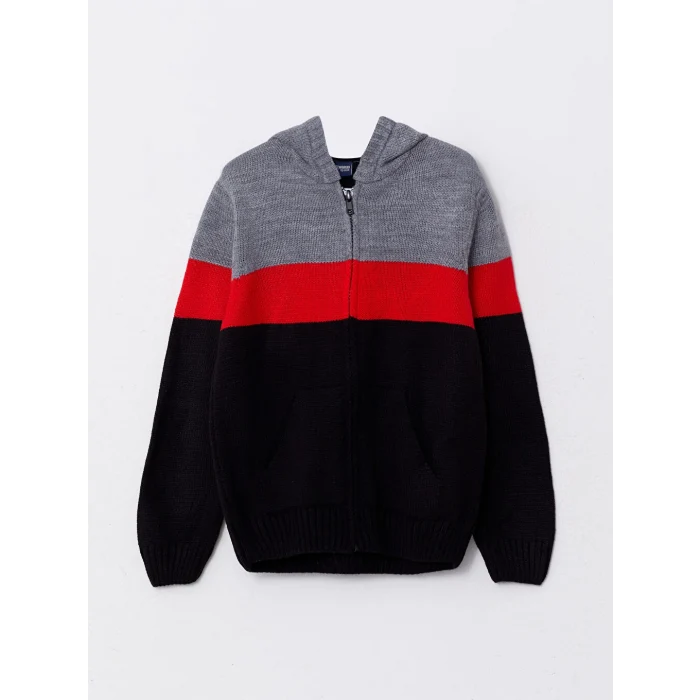 LCW Kids Kırmızı Kapüşonlu Renk Bloklu Uzun Kollu Erkek Çocuk Triko Hırka