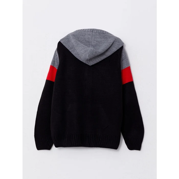 LCW Kids Kırmızı Kapüşonlu Renk Bloklu Uzun Kollu Erkek Çocuk Triko Hırka