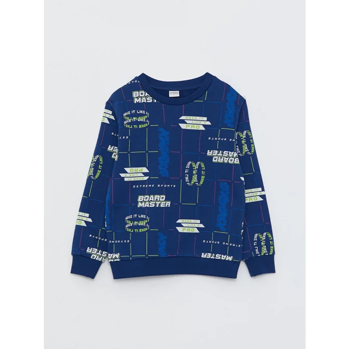LCW Kids Lacivert Bisiklet Yaka Baskılı Uzun Kollu Erkek Çocuk Sweatshirt