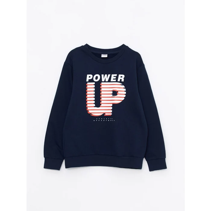 LCW Kids Lacivert Bisiklet Yaka Baskılı Uzun Kollu Erkek Çocuk Sweatshirt