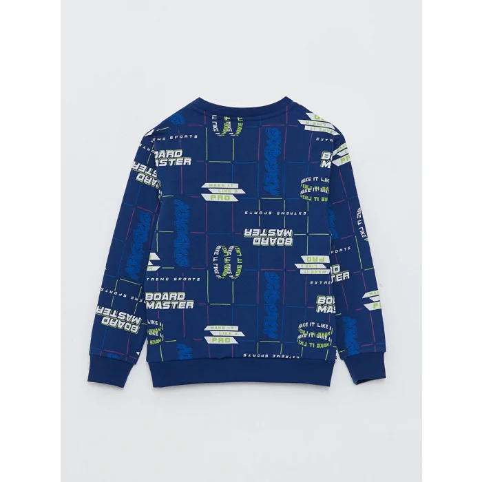 LCW Kids Lacivert Bisiklet Yaka Baskılı Uzun Kollu Erkek Çocuk Sweatshirt