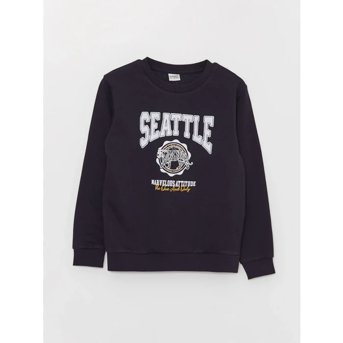 LCW Kids Lacivert Bisiklet Yaka Baskılı Uzun Kollu Erkek Çocuk Sweatshirt