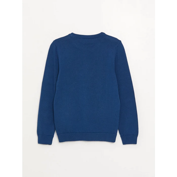 LCW Kids Lacivert Bisiklet Yaka Baskılı Uzun Kollu Erkek Çocuk Triko Kazak