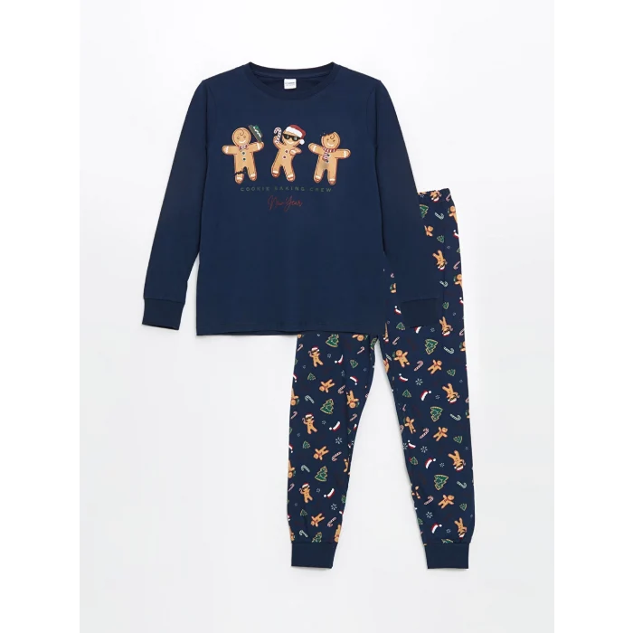 LCW Kids Lacivert Bisiklet Yaka Yılbaşı Temalı Erkek Çocuk Pijama Takımı