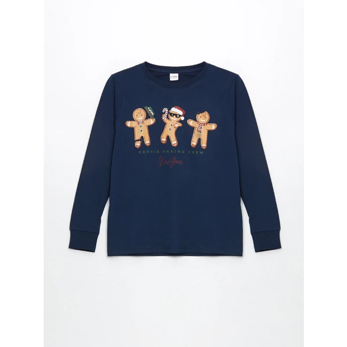 LCW Kids Lacivert Bisiklet Yaka Yılbaşı Temalı Erkek Çocuk Pijama Takımı