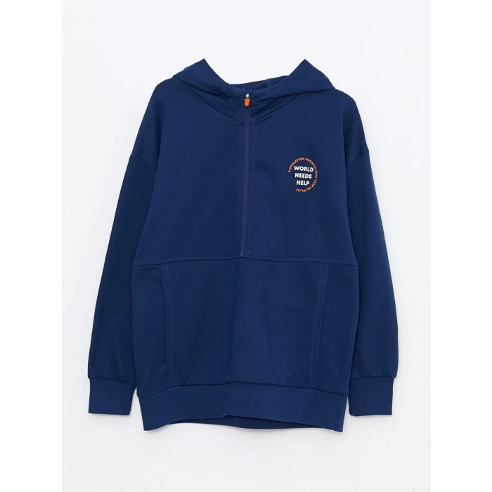 LCW Kids Lacivert Kapüşonlu Baskılı Uzun Kollu Erkek Çocuk Sweatshirt