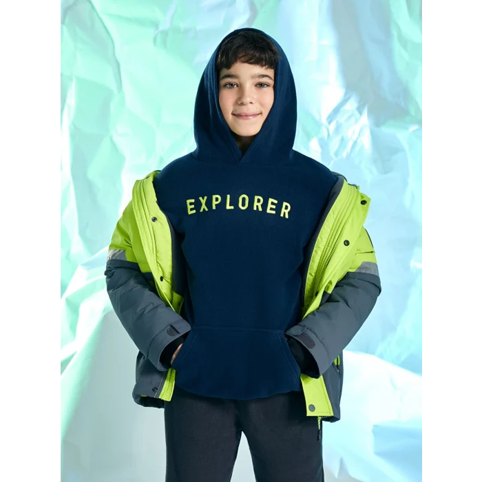 LCW Kids Lacivert Kapüşonlu Nakışlı Uzun Kollu Polar Erkek Çocuk