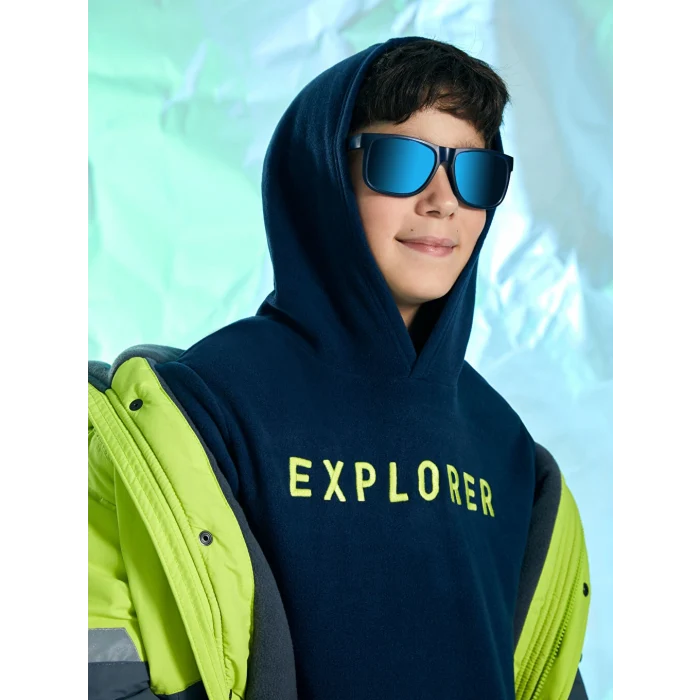 LCW Kids Lacivert Kapüşonlu Nakışlı Uzun Kollu Polar Erkek Çocuk