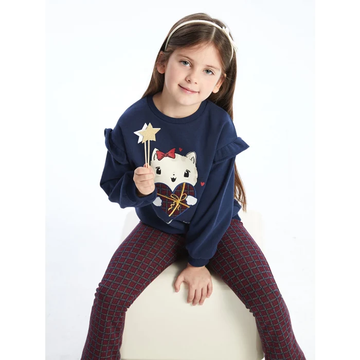 LCW Kids Lacivert Nakışlı Kız Çocuk Sweatshirt ve Tayt 2li