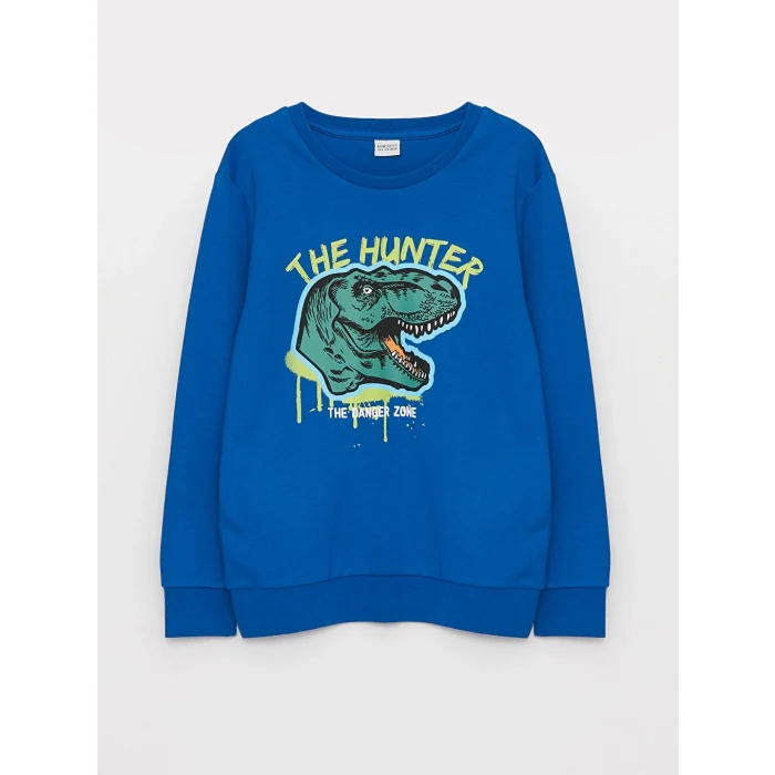 LCW Kids Mavi Bisiklet Yaka Baskılı Uzun Kollu Erkek Çocuk Tişört