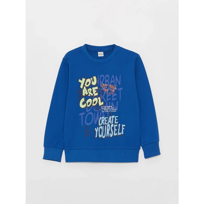 LCW Kids Mavi Bisiklet Yaka Baskılı Uzun Kollu Erkek Çocuk Tişört