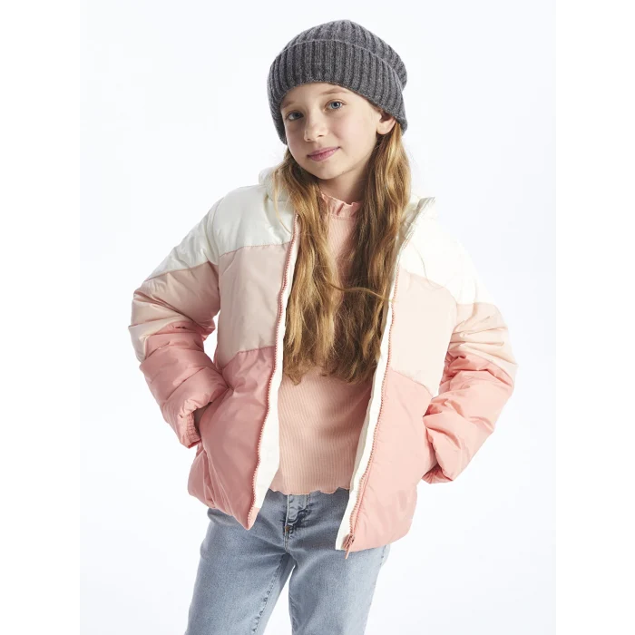 LCW Kids Mercan Kapüşonlu Renk Bloklu Kız Çocuk Şişme Mont